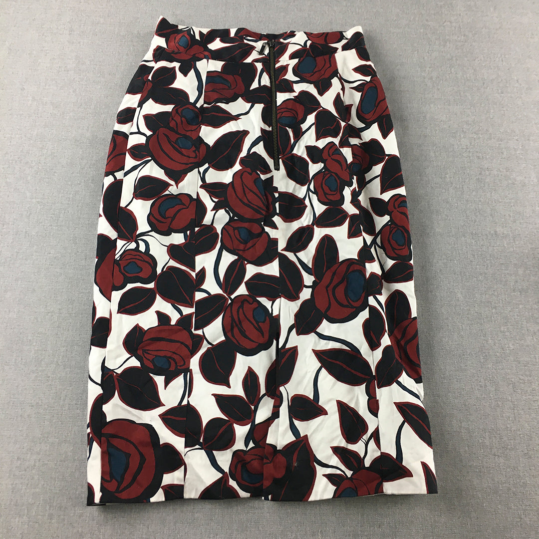 Cue Womens Midi Skirt Size 6 White Red Rose Floral Straight