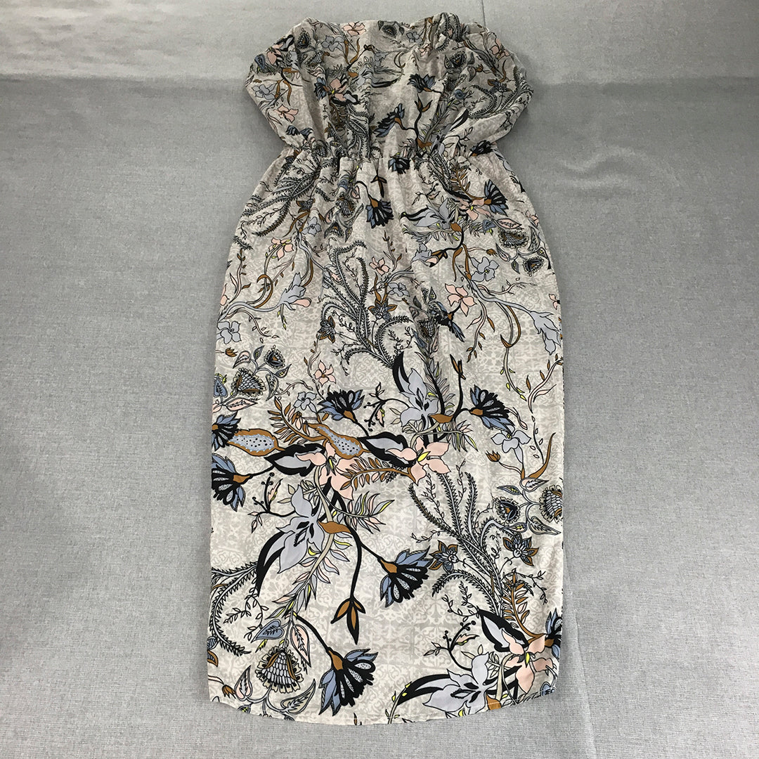 HQ Womens Pencil Dress Size L Grey Floral Sleeveless Pleated Knee Length