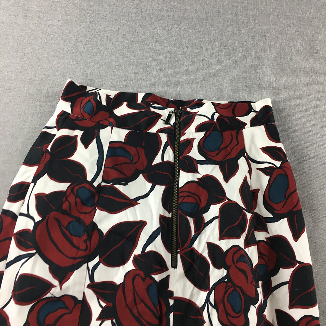 Cue Womens Midi Skirt Size 6 White Red Rose Floral Straight