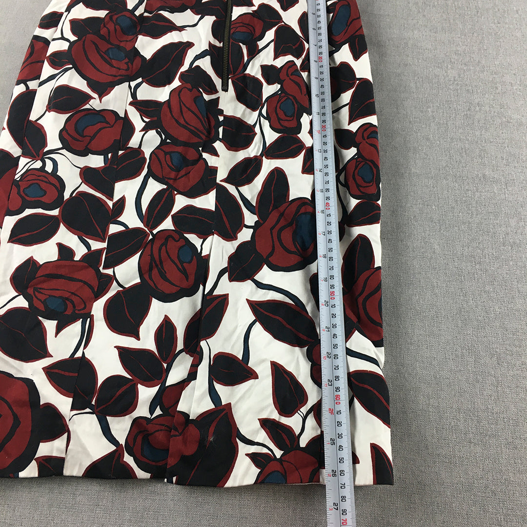 Cue Womens Midi Skirt Size 6 White Red Rose Floral Straight