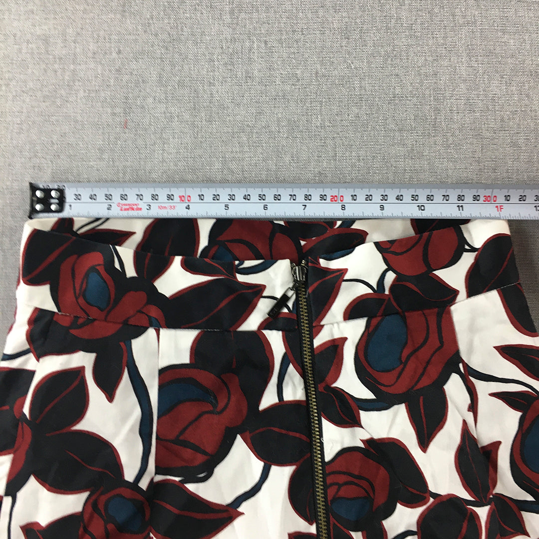 Cue Womens Midi Skirt Size 6 White Red Rose Floral Straight