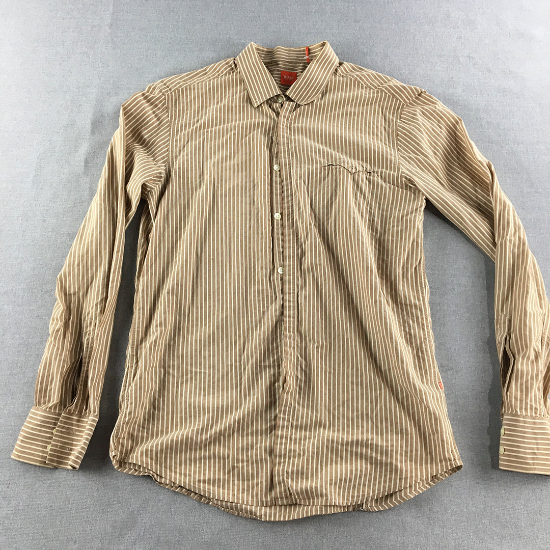 Hugo Boss Mens Shirt Size XL Slim Fit Brown Striped Long Sleeve Button-Up