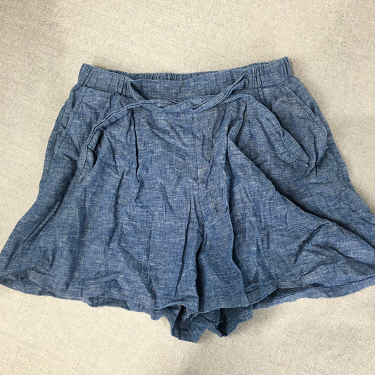 Giordano Womens Linen Shorts Size L Blue Bermuda Pockets Elastic Waist