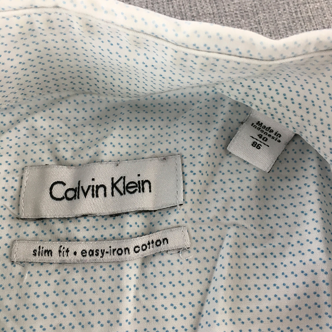 Calvin Klein Mens Shirt Size S (40) Slim Fit Easy Iron White Blue Dot Button-Up