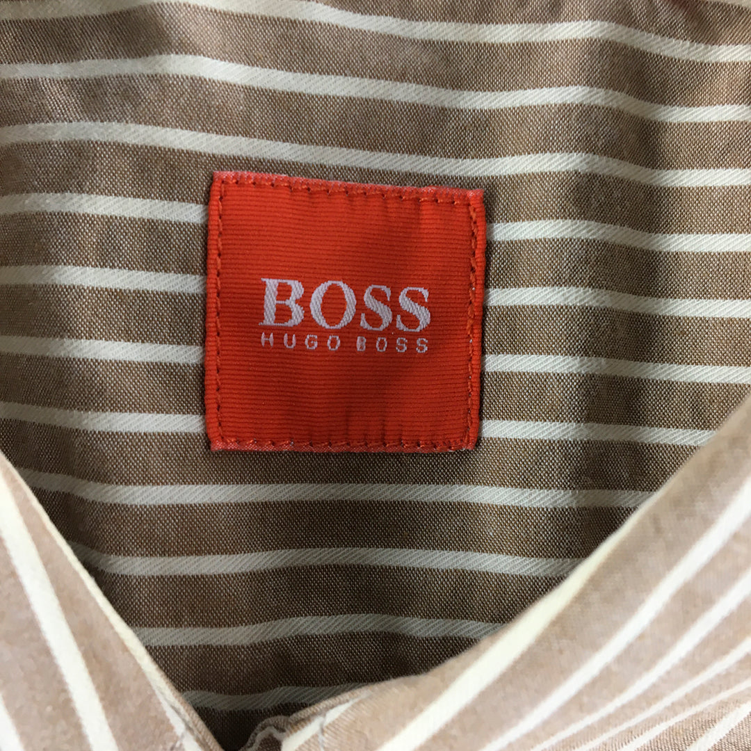 Hugo Boss Mens Shirt Size XL Slim Fit Brown Striped Long Sleeve Button-Up