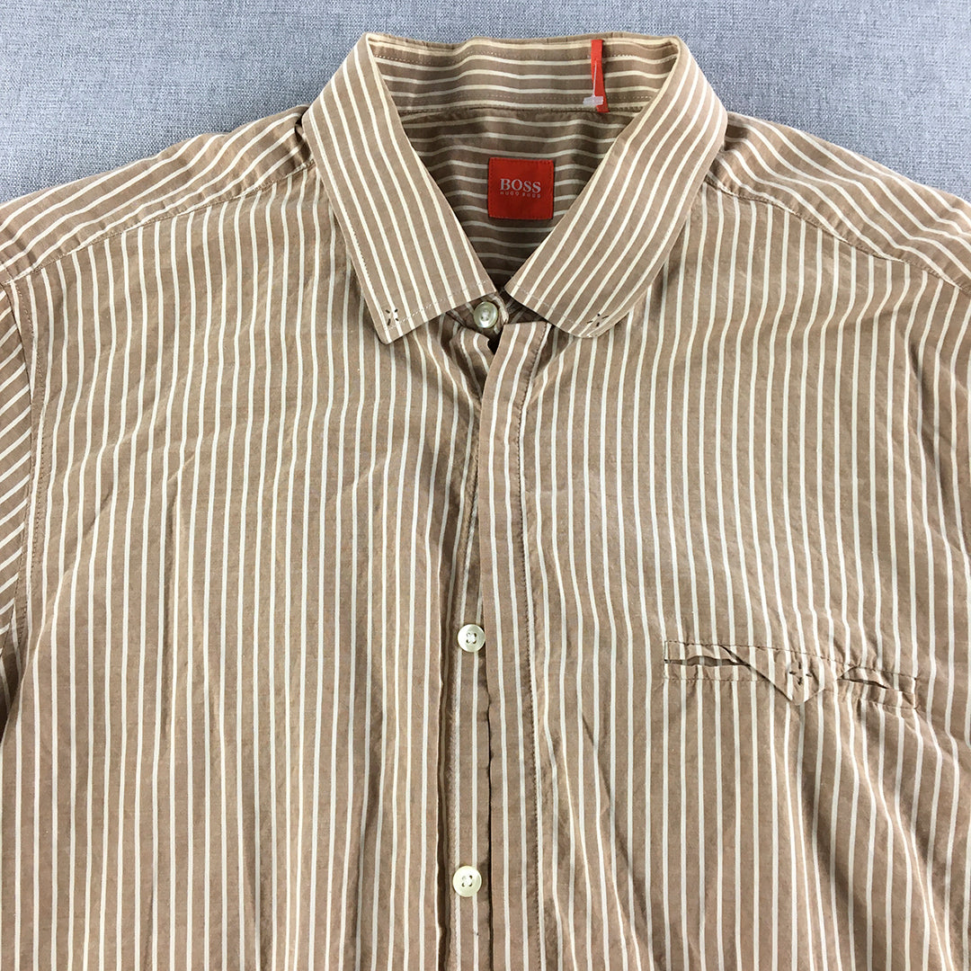 Hugo Boss Mens Shirt Size XL Slim Fit Brown Striped Long Sleeve Button-Up