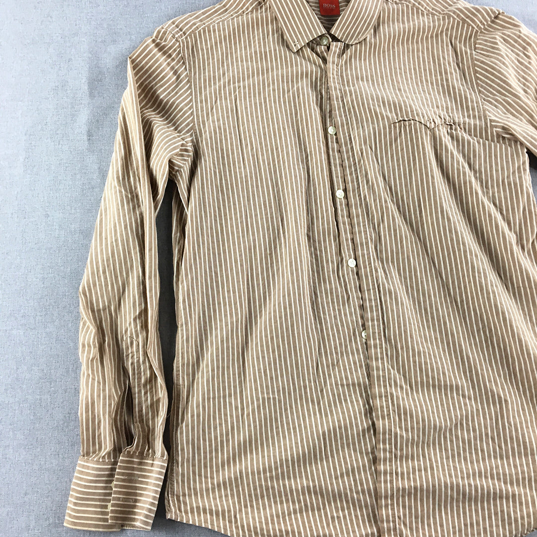 Hugo Boss Mens Shirt Size XL Slim Fit Brown Striped Long Sleeve Button-Up