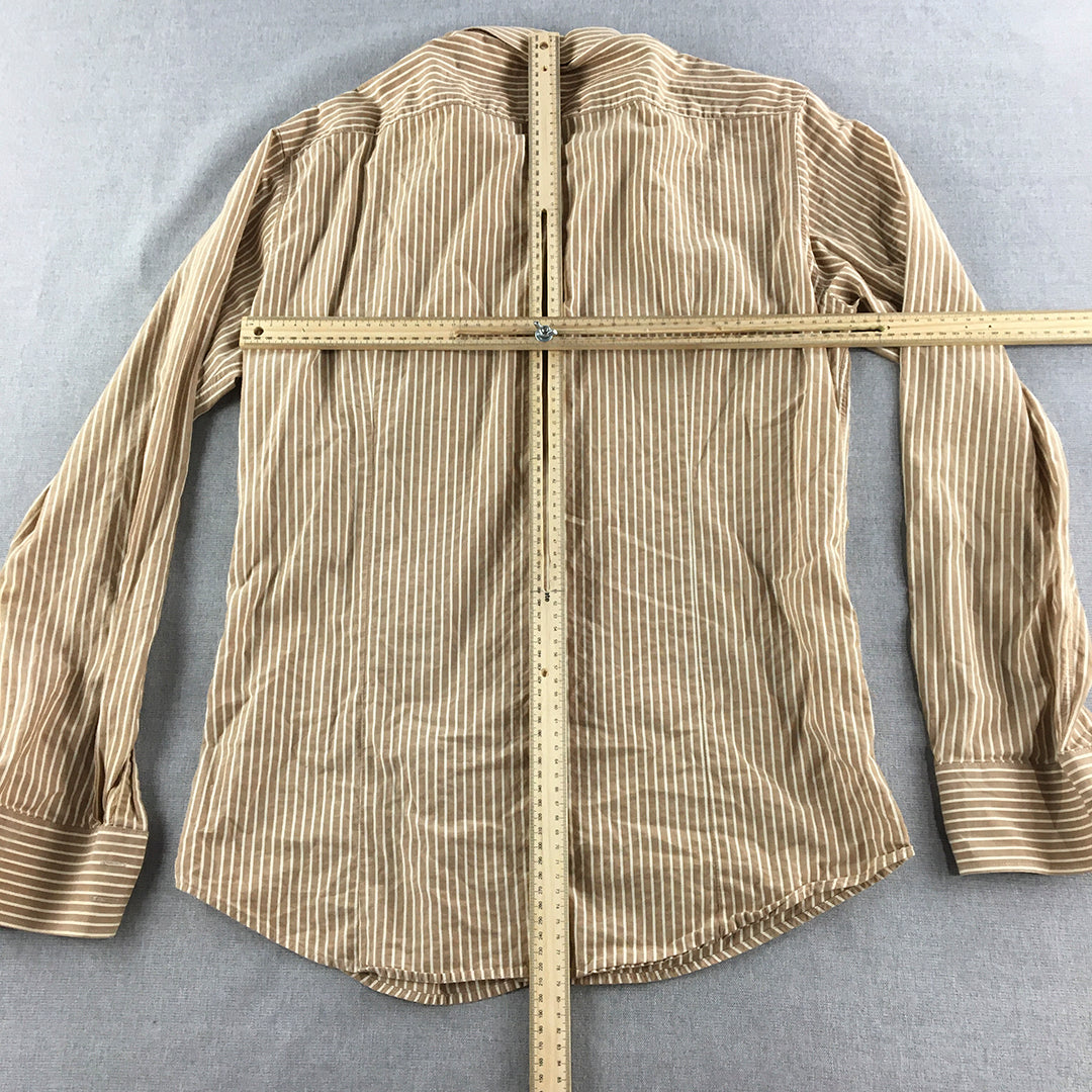 Hugo Boss Mens Shirt Size XL Slim Fit Brown Striped Long Sleeve Button-Up