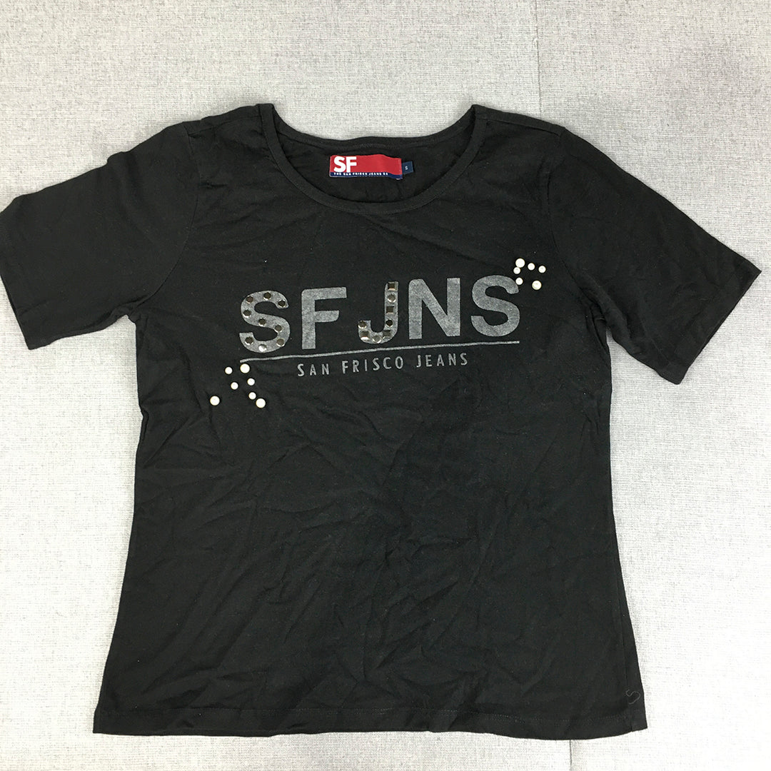 San Frisco Jeans Co Womens T-Shirt Size S Black Studded Pearl Logo Top