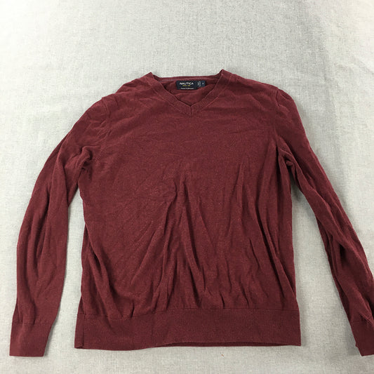 Nautica Mens Knit Sweater Size M Red Embroidered Logo V-Neck Jumper