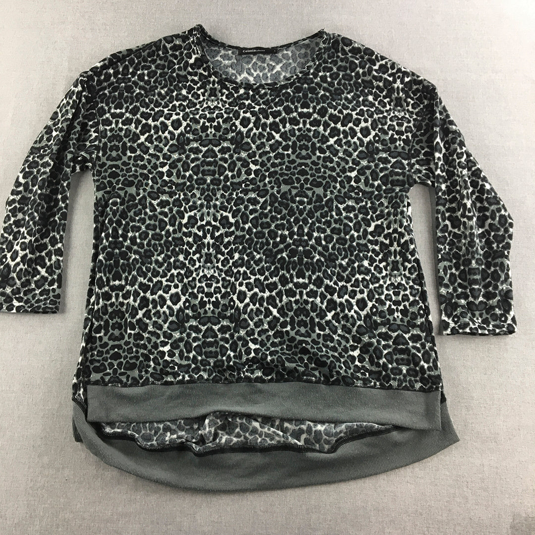 Celmia Collection Womens Top Size L Silver Leopard Print Long Sleeve Shirt