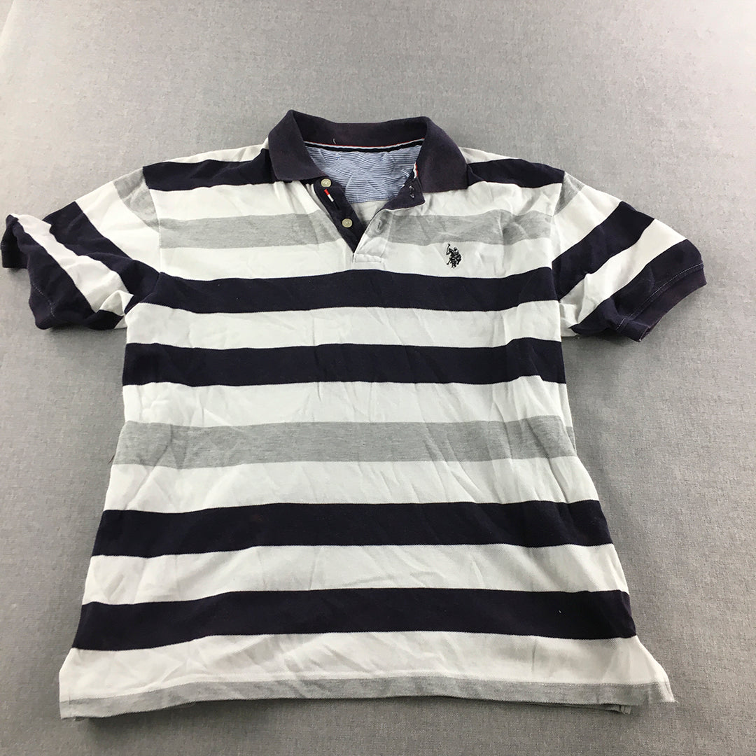 U.S. Polo Assn. Mens Shirt Size S White Navy Grey Striped Logo Rugby