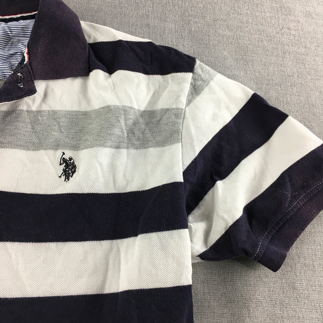 U.S. Polo Assn. Mens Shirt Size S White Navy Grey Striped Logo Rugby