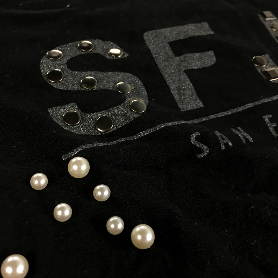 San Frisco Jeans Co Womens T-Shirt Size S Black Studded Pearl Logo Top