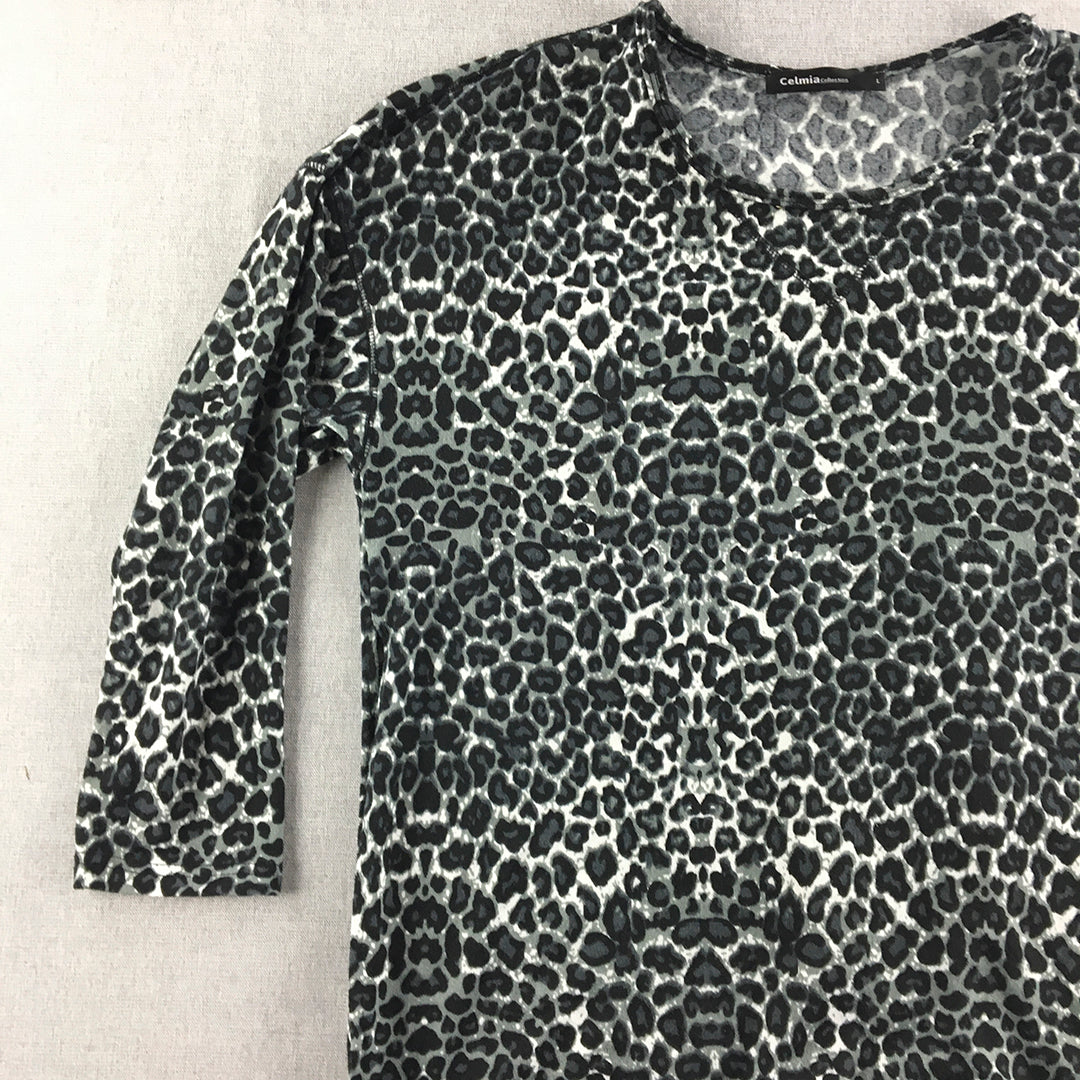 Celmia Collection Womens Top Size L Silver Leopard Print Long Sleeve Shirt