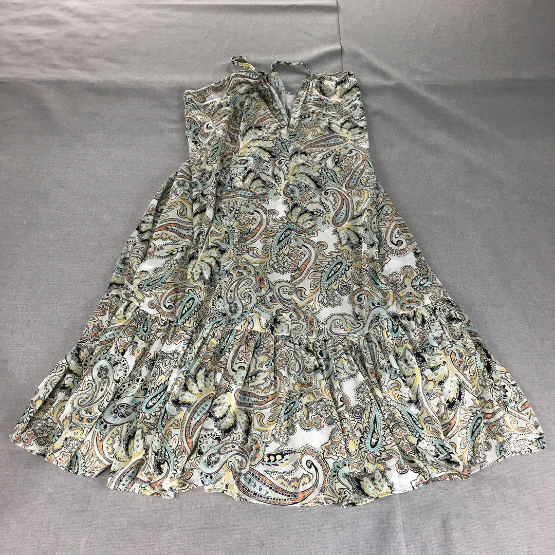 Piper Womens Dress Size 10 White Paisley Pleated Midi Sleeveless A-Line