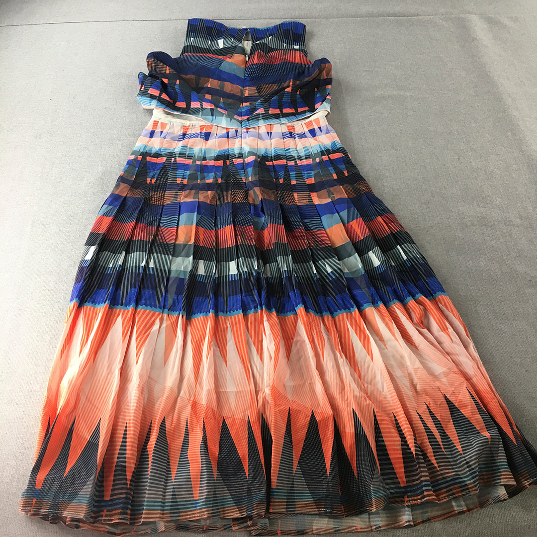 Oxford Womens Midi Dress Size 8 Orange Blue Striped A-Line Sleeveless