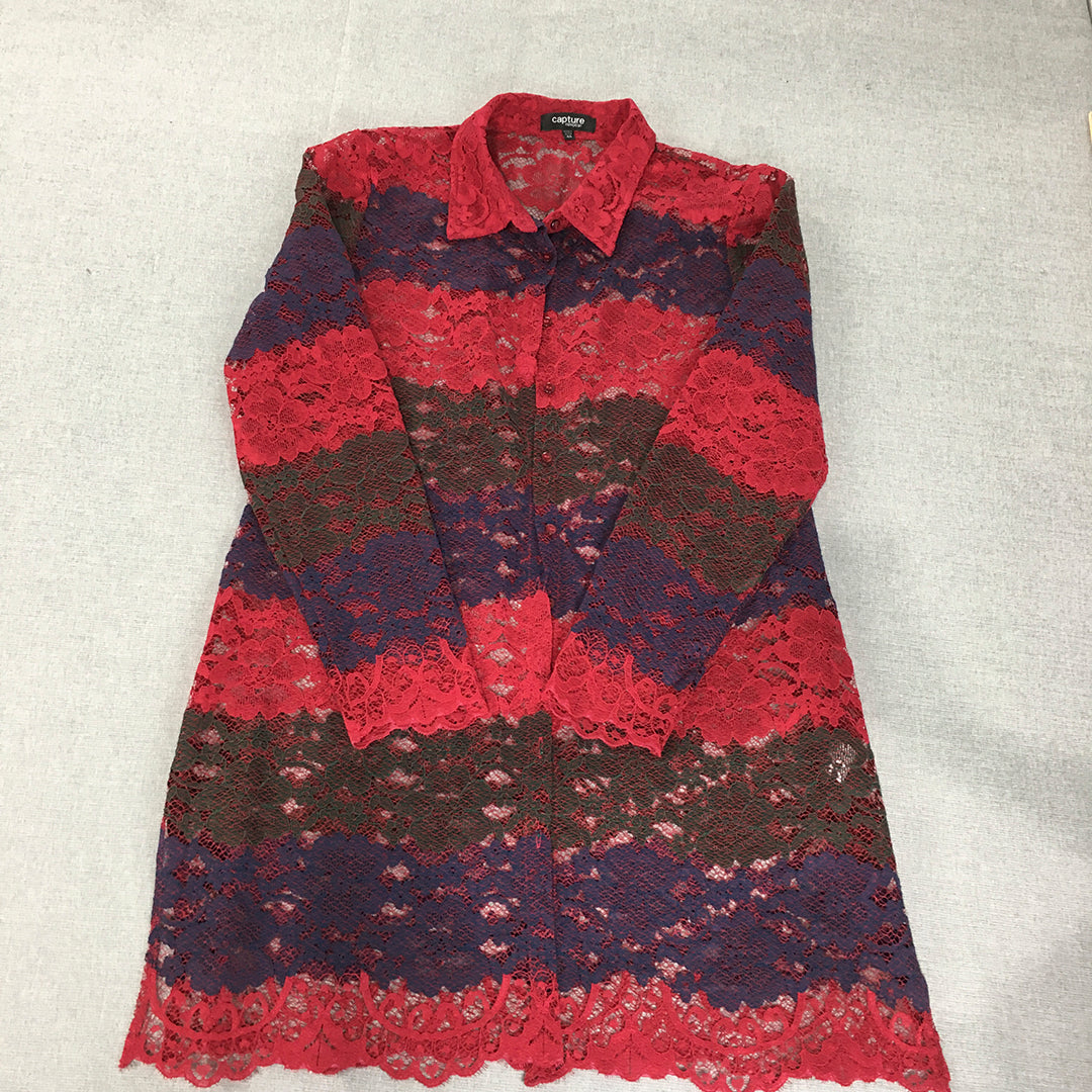 Capture Womens Shirt Dress Size 44 (L) Red Purple Striped Floral Button Up Mini