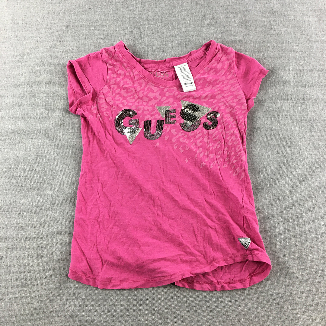 Guess Kids Girls T-Shirt Youth Size M (10 - 12) Pink Sequin Logo Top