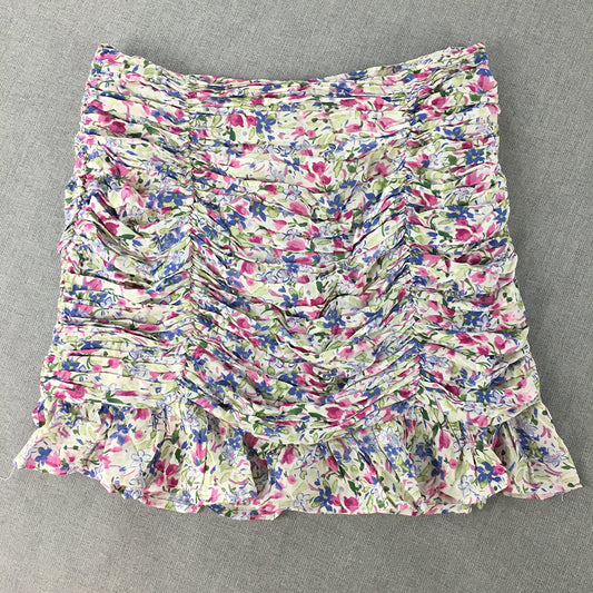 Seven Wonders Womens Mini Skirt Size L White Pink Floral Straight Ruched