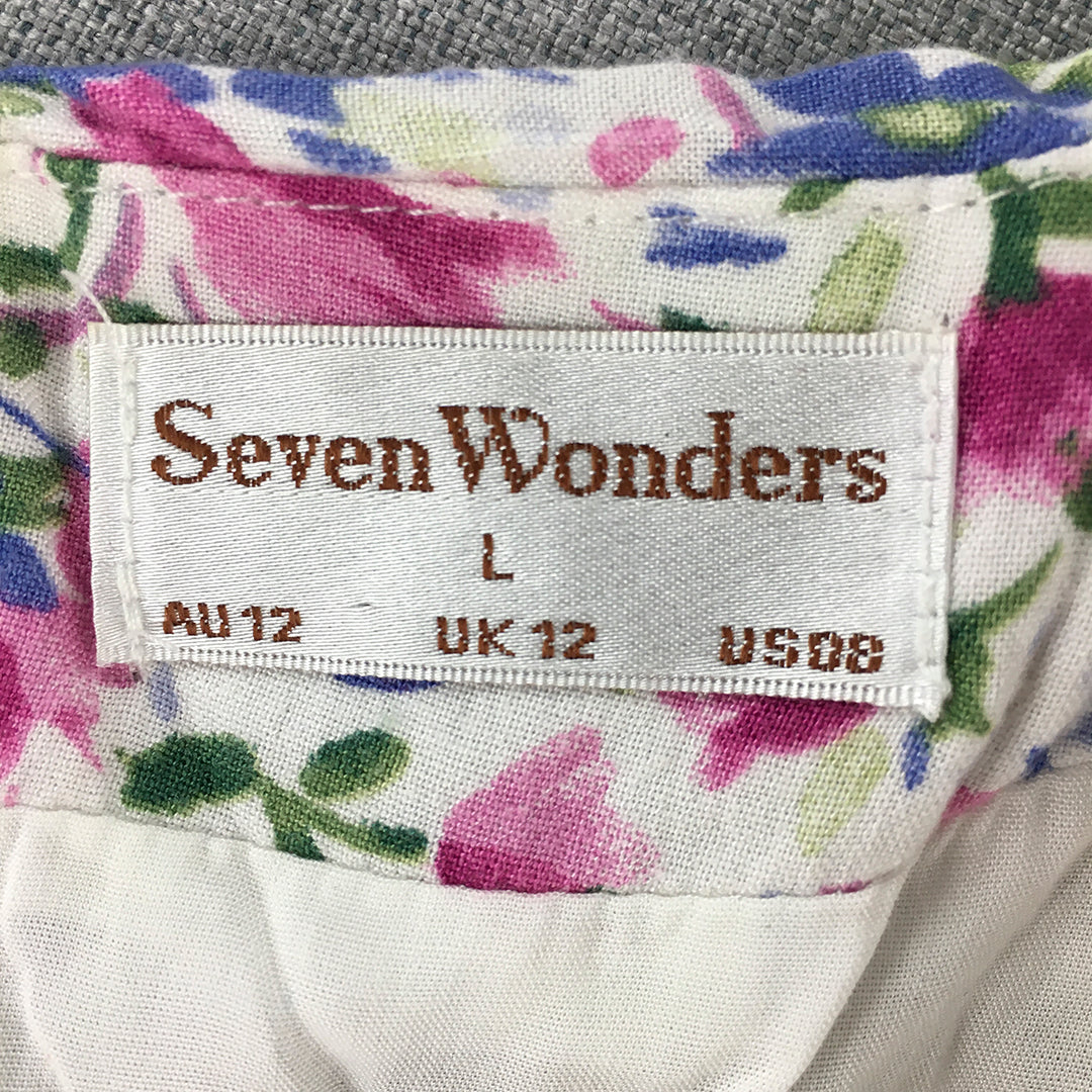 Seven Wonders Womens Mini Skirt Size L White Pink Floral Straight Ruched