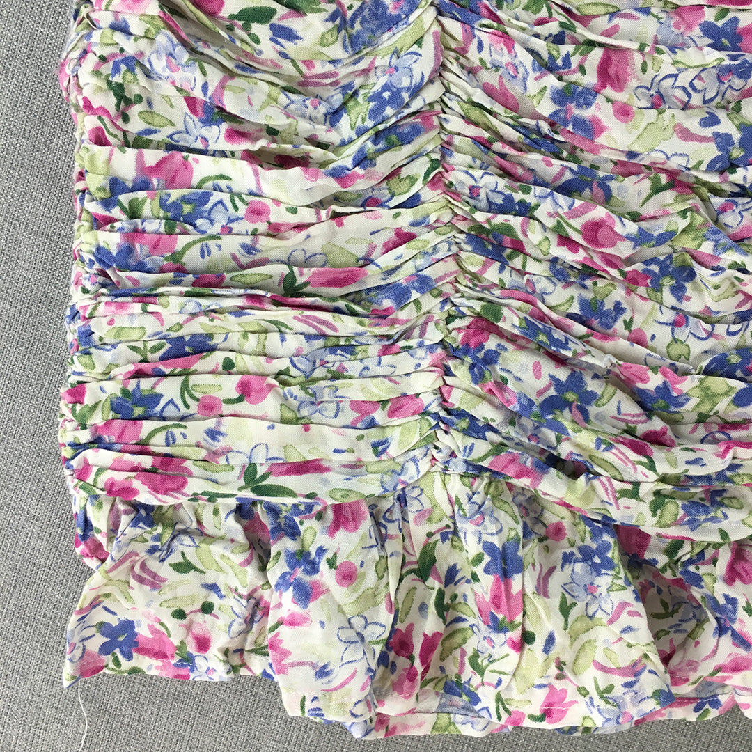 Seven Wonders Womens Mini Skirt Size L White Pink Floral Straight Ruched