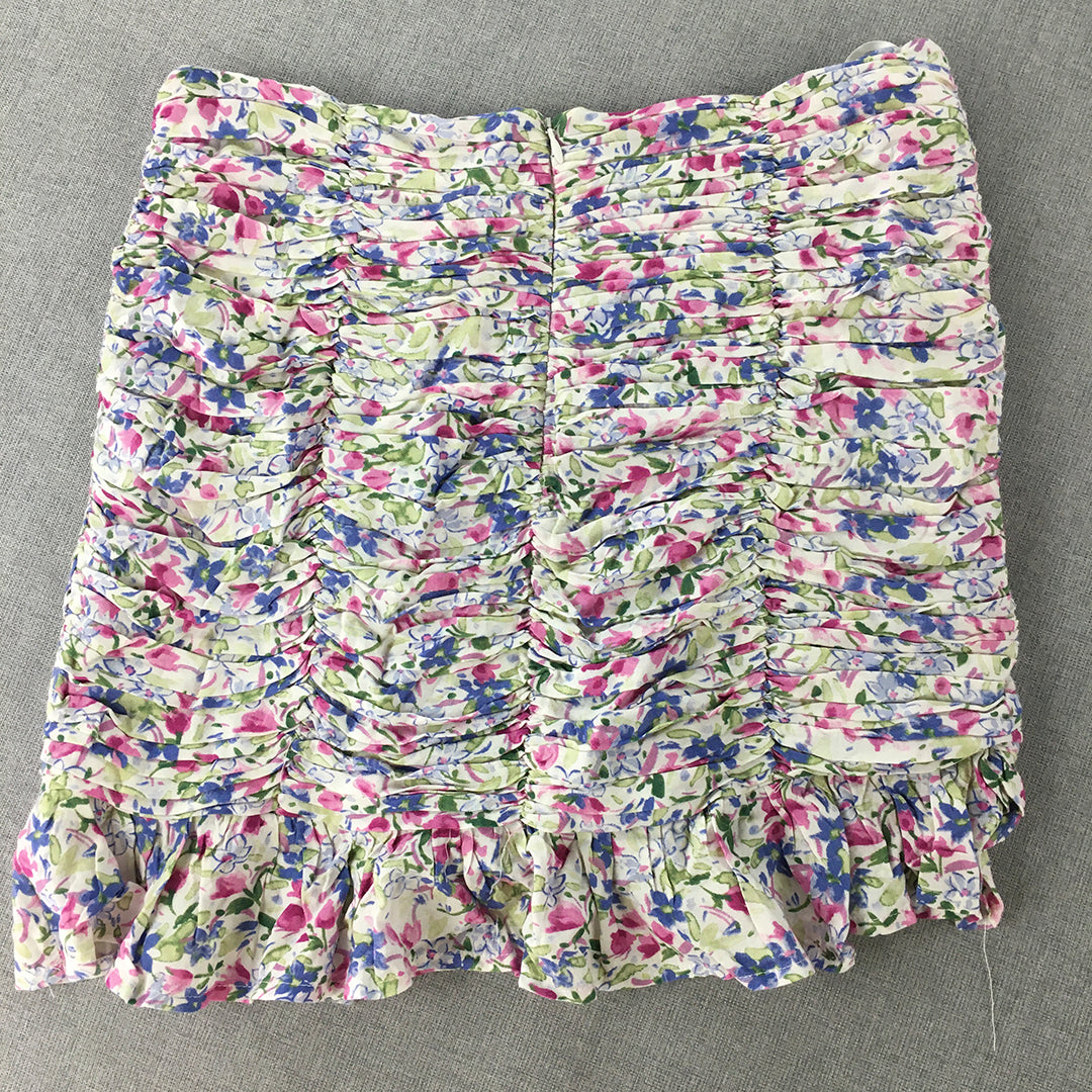 Seven Wonders Womens Mini Skirt Size L White Pink Floral Straight Ruched