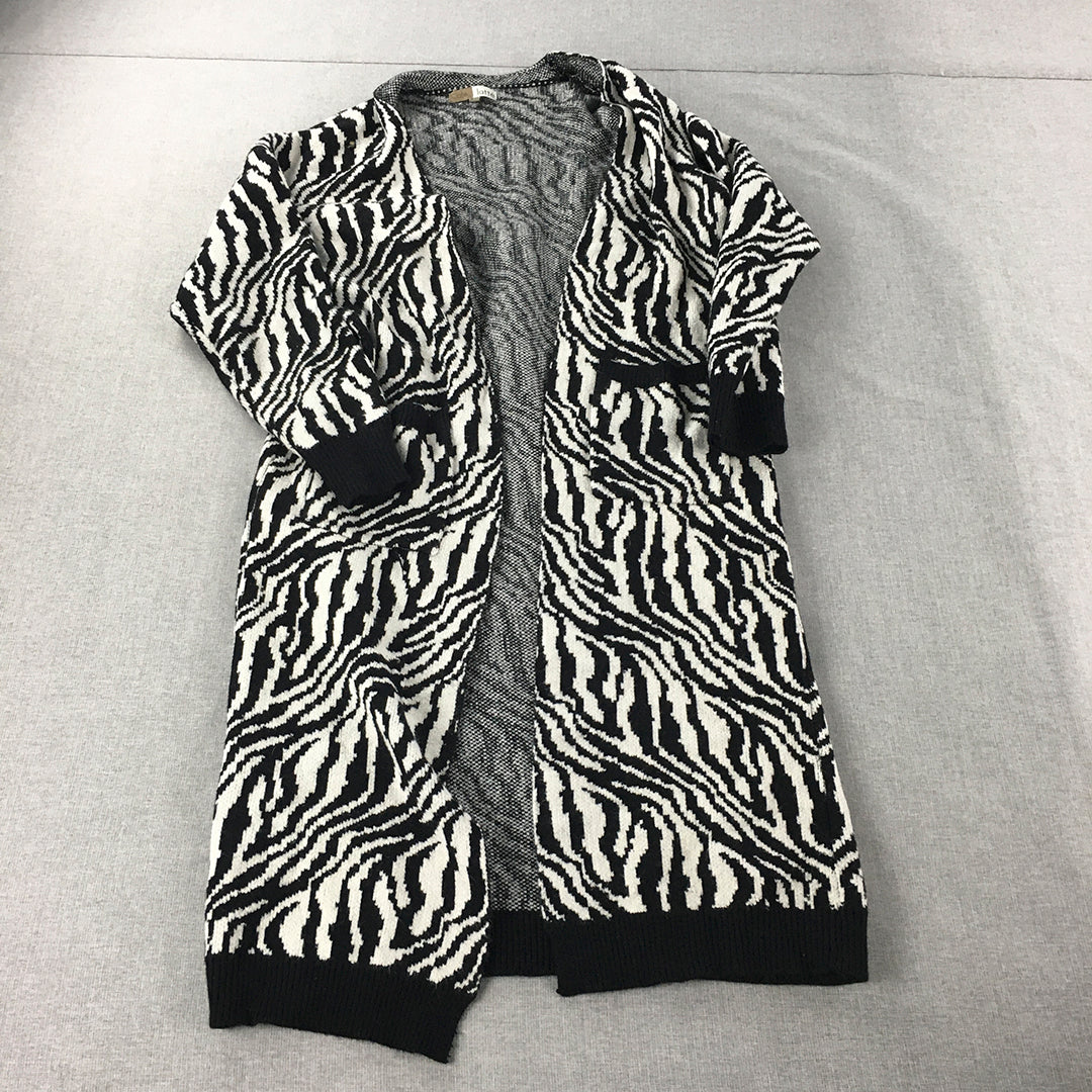 Cafe Latte Womens Cardigan Size S/M White Black Zebra Striped Open-Front Knit