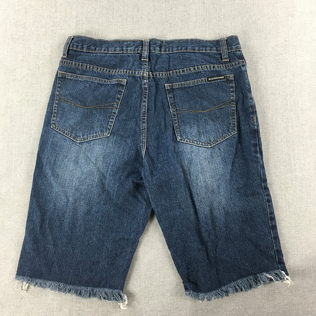 Giordano Mens Denim Shorts Size 33 Blue Dark Wash Raw Hem Jorts