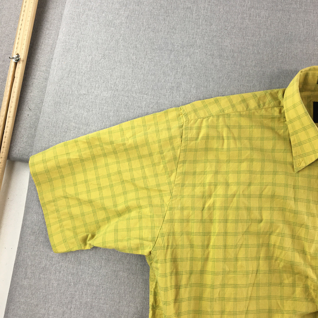 Allen Solly Mens Shirt Size L Yellow Checkered Short Sleeve Button-Up Collared