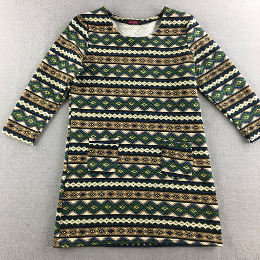 Vintage Meiling Womens Mini Dress Size S Green Brown Aztec Long Sleeve