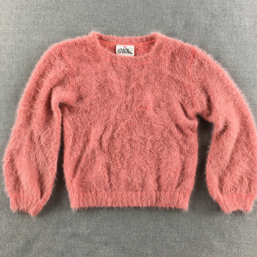 Eve's Sister Kids Girls Sweater Size 5 Pink Fur Fleece Crew Neck Jumper