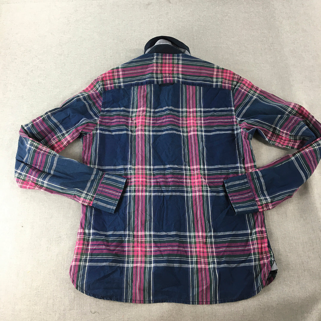 Indian Terrain Mens Shirt Size S Blue Pink Checkered Button-Up Long Sleeve