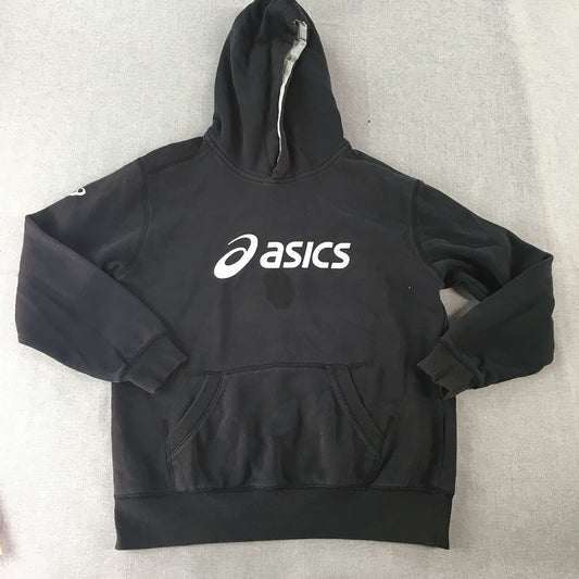 Asics Womens Hoodie Sweater Size 12 Black Big Logo Pockets Pullover Jumper