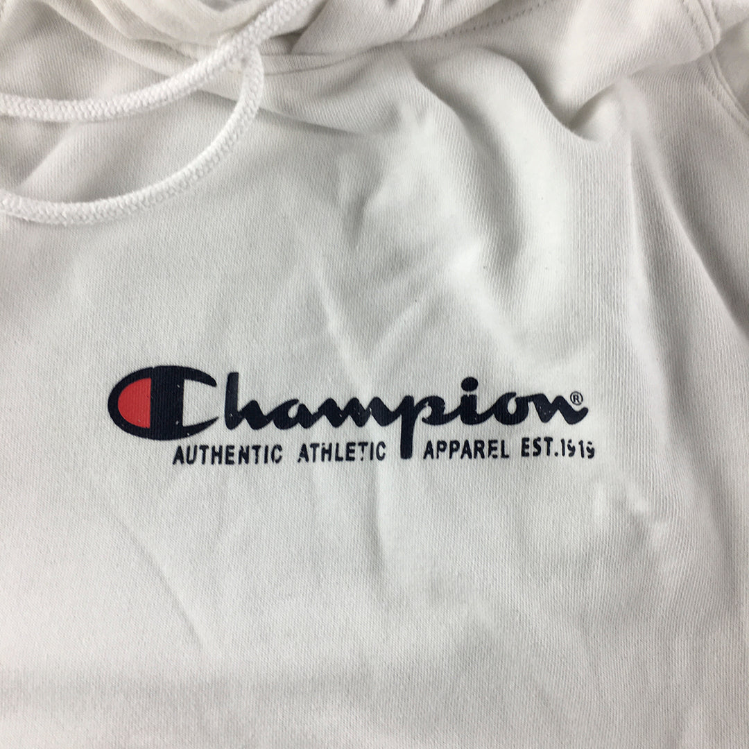 Champion Mens Hoodie Sweater Size L White Logo Pullover Jumper