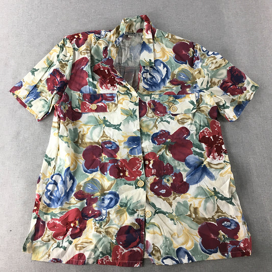 Vintage Tajura Womens Hawaiian Shirt Size 10 Red Green Floral Button-Up 90s