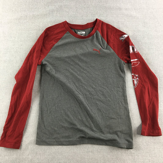 Puma Kids Boys Shirt Size M (10 - 12) Grey Red Logo Long Sleeve Pullover Top