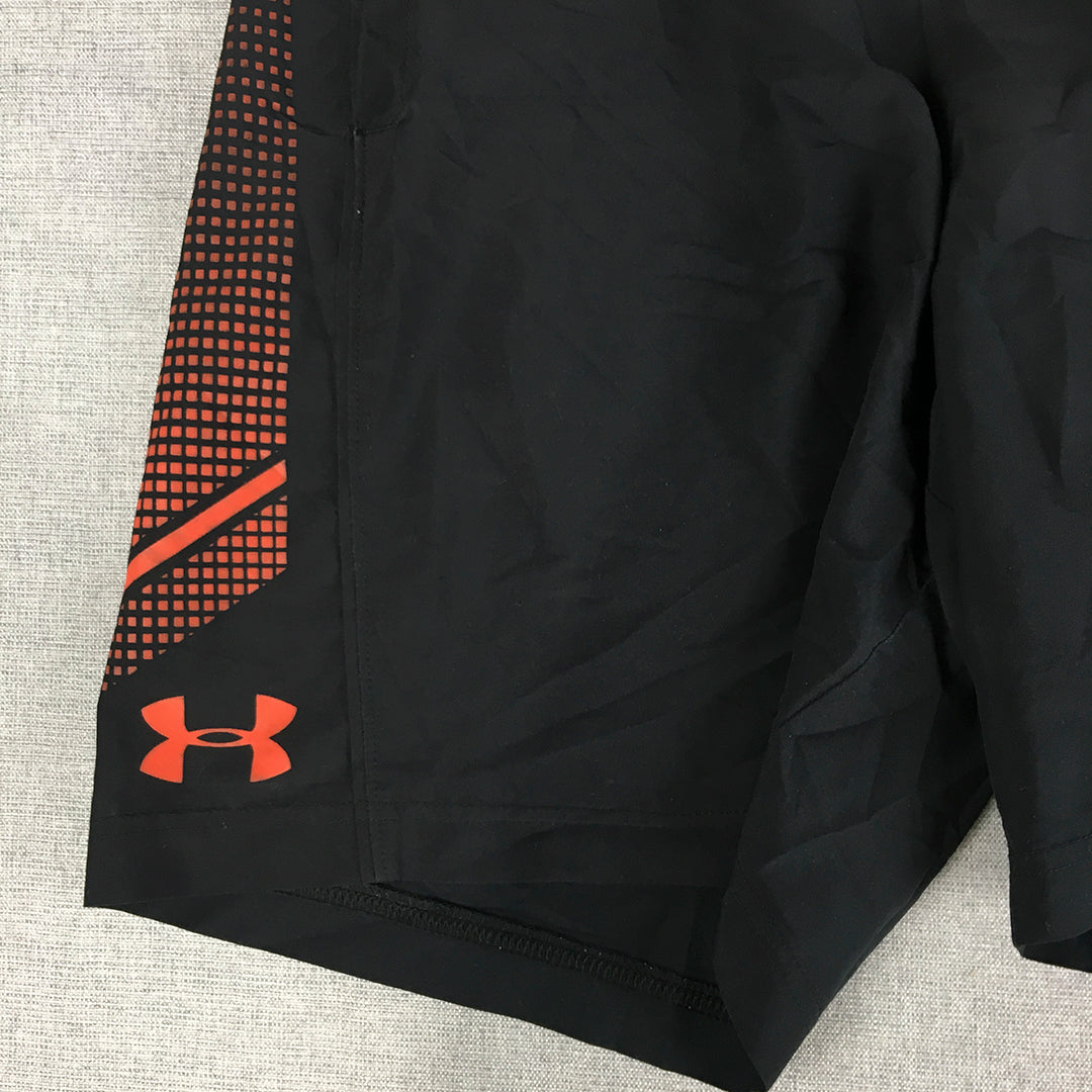 Under Armour Mens Shorts Size S Black Red Logo Pockets Elastic Waist