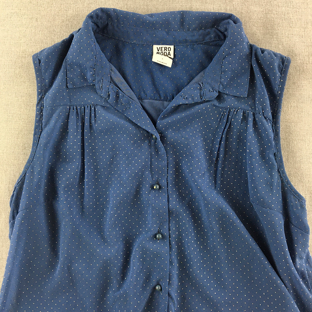 Vero Moda Womens Top Size L Blue Button-Up Sleeveless Shirt