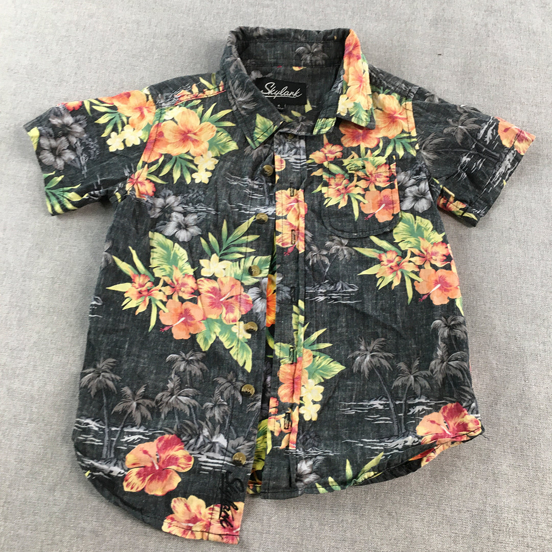 Skylark Mens Shirt Size 4 Grey Short Sleeve Floral Hawaiian Button-Up Top