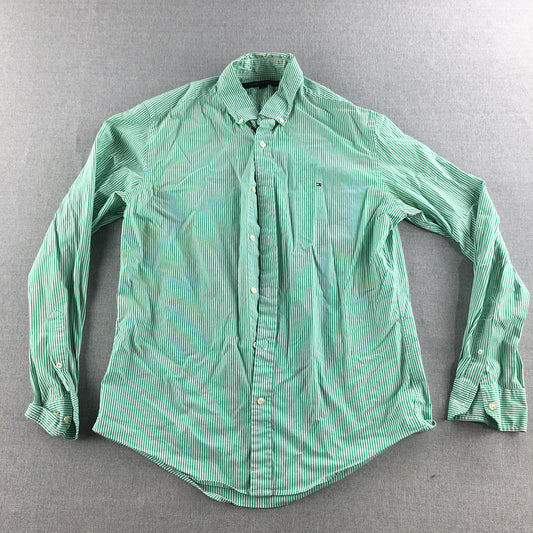 Tommy Hilfiger Mens Shirt Size M Green Striped Long Sleeve Button-Up Logo