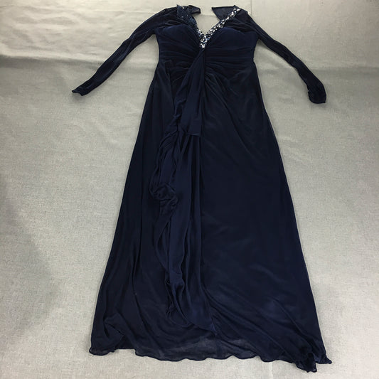 Queenspark Womens Evening Gown Size 8 Navy Blue Full-Length Diamante Dress