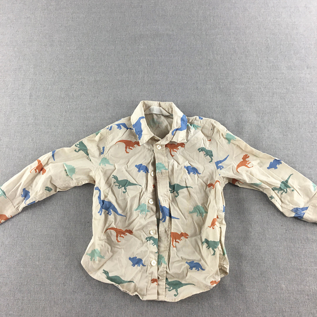 H&M Kids Boys Shirt Size 2 Brown Dinosaur Pattern Long Sleeve Button-Up