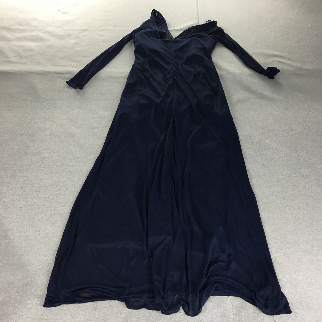 Queenspark Womens Evening Gown Size 8 Navy Blue Full-Length Diamante Dress