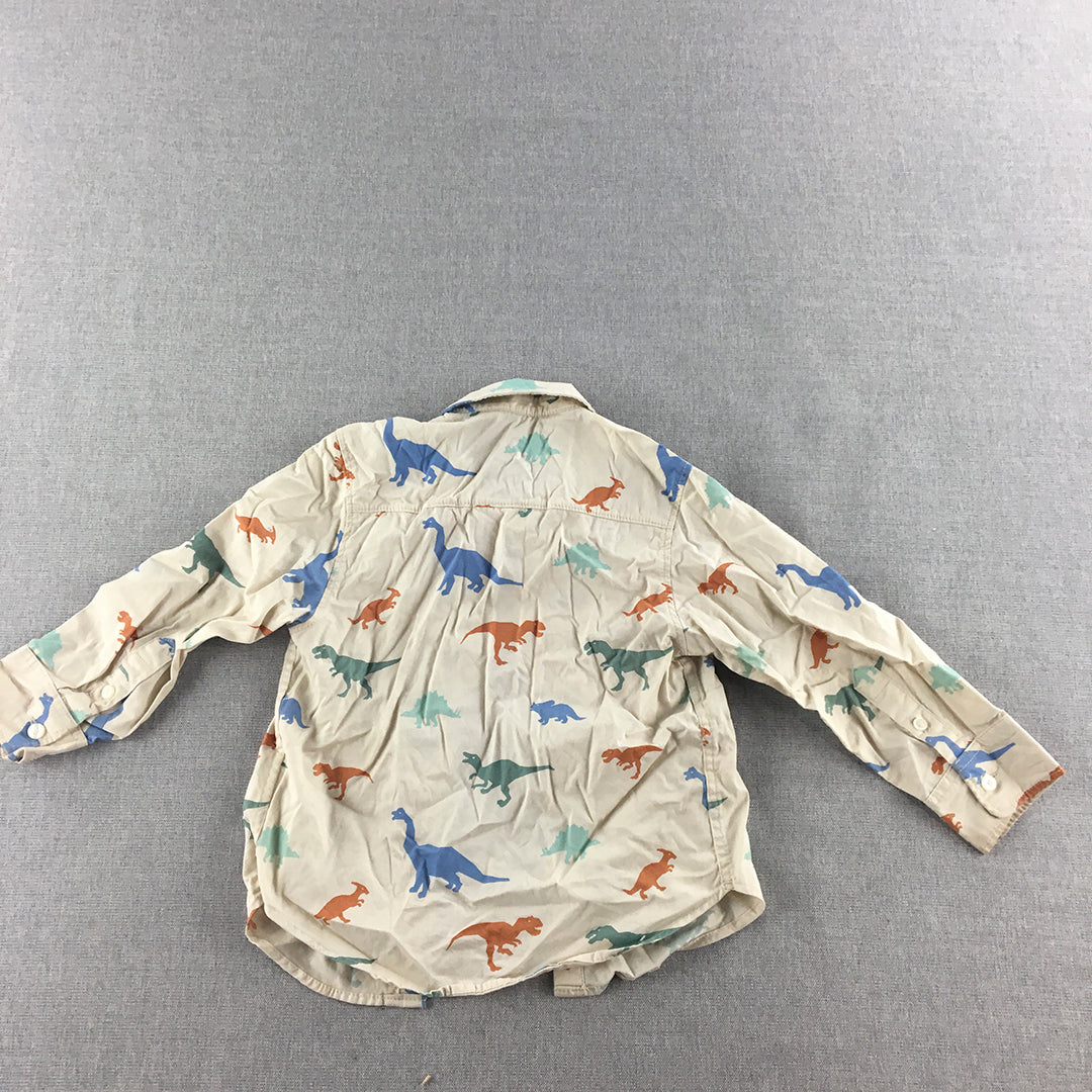 H&M Kids Boys Shirt Size 2 Brown Dinosaur Pattern Long Sleeve Button-Up