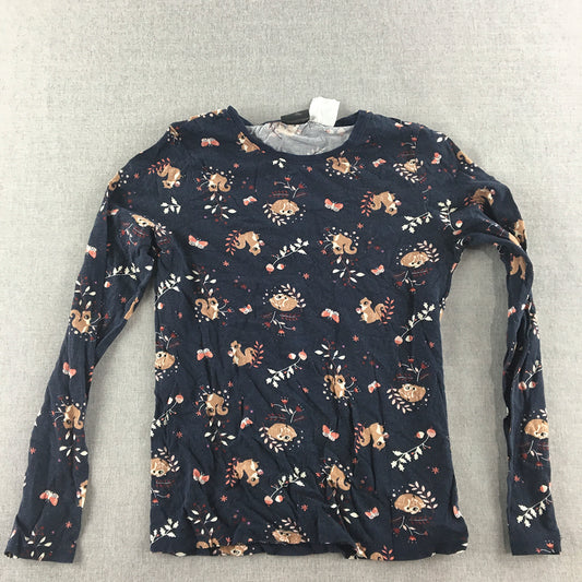 H&M Kids Girls Top Size 12 Blue Squirrel Pattern Long Sleeve Pullover Shirt