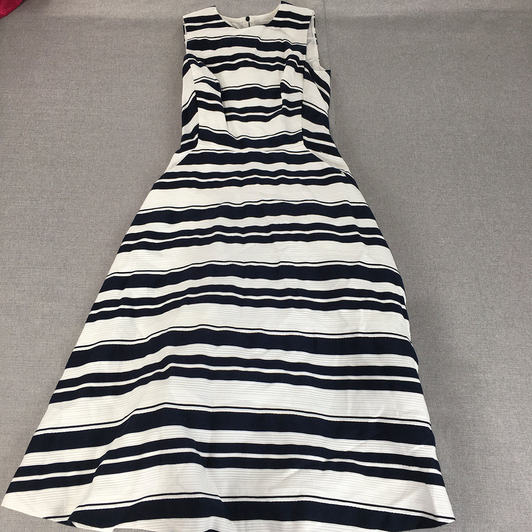 Warehouse Womens A-Line Dress Size 6 White Navy Blue Striped Midi Sleeveless