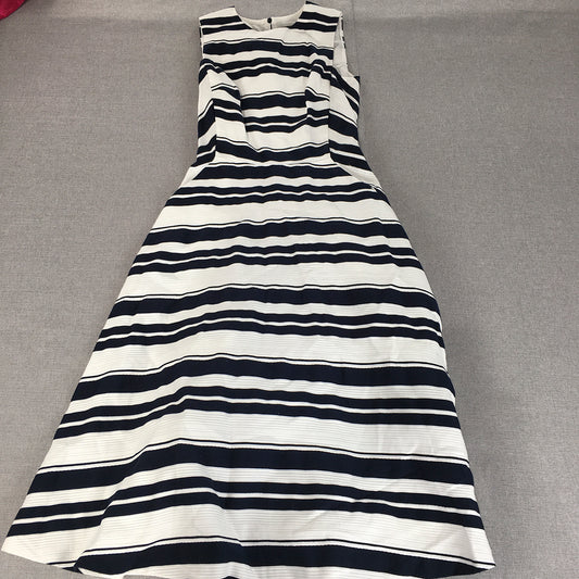 Warehouse Womens A-Line Dress Size 6 White Navy Blue Striped Midi Sleeveless