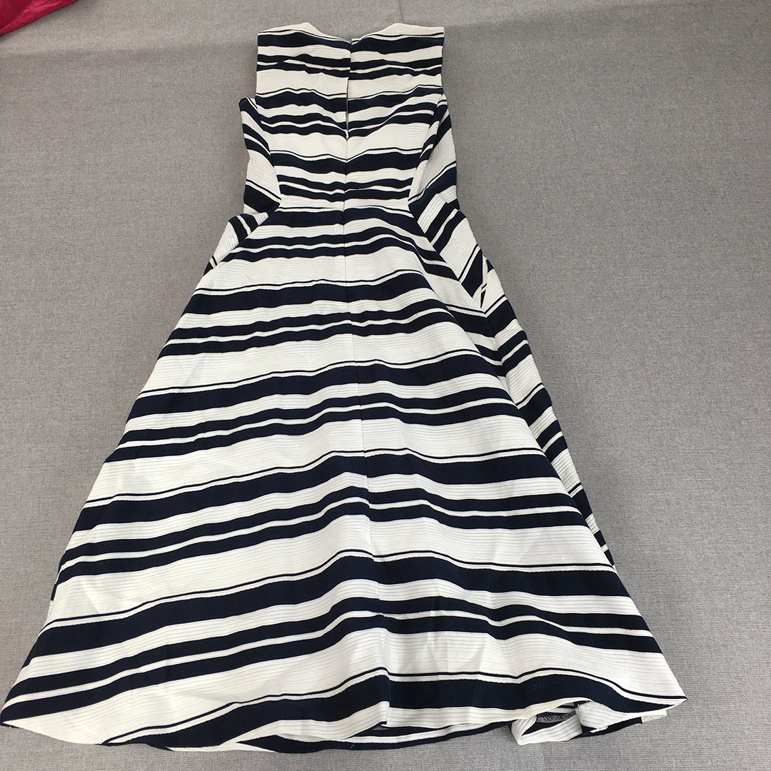 Warehouse Womens A-Line Dress Size 6 White Navy Blue Striped Midi Sleeveless