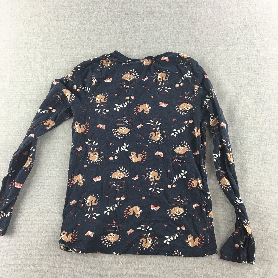 H&M Kids Girls Top Size 12 Blue Squirrel Pattern Long Sleeve Pullover Shirt